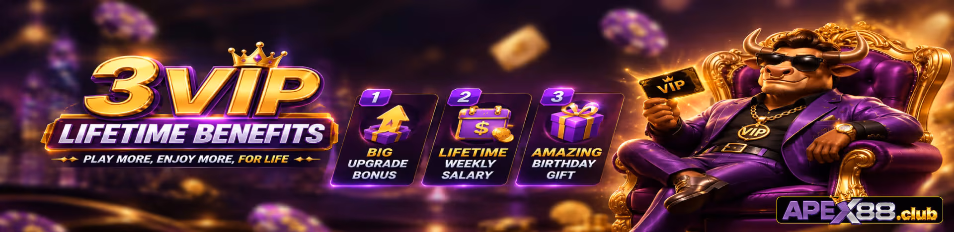 3 VIP lifetime benefits: upgrade bonus, weekly salary and a birthday gift.
